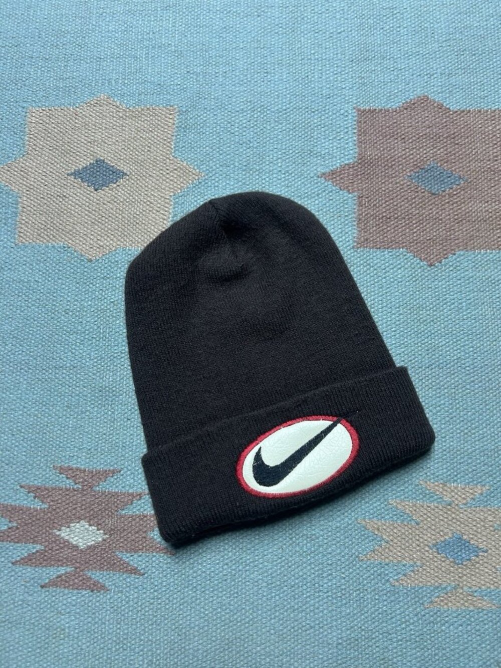 Vintage acrylic knit beanie winter hat Nike swoosh check big logo mocha brown
